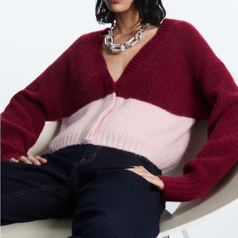 COS Red & Pink Block Alpaca Wool Blend Cardigan